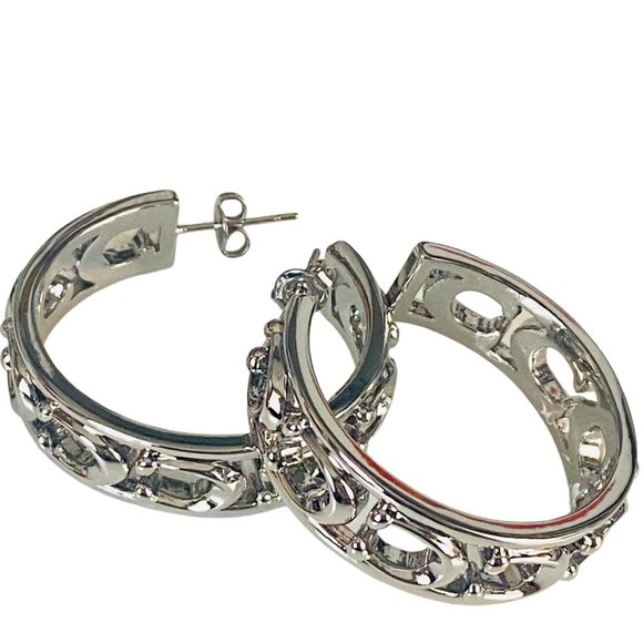 AUTH NEW COACH SILVER 1.25" Signature Hoop Earrings Card w/Tag & Dust Bag $125 - Picture 1 of 9
